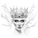 A regal ice queen wearing a crown made of icicles, her blue eyes glowing with power tattoo design idea