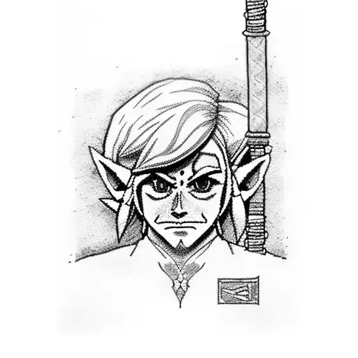A dotwork tattoo of Link from Zelda wielding a lightsaber in front of the Everton logo tattoo design idea