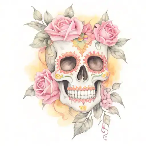 sugar skull with pink roses and sunflowers tattoo design idea