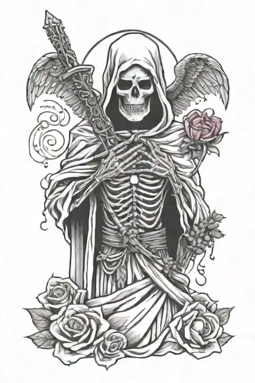 la Santa muerte holding a bleeding heart strapped to a knife  tattoo design idea