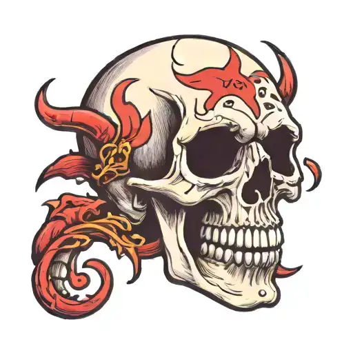skull with small devil peeking out behind it tattoo design idea