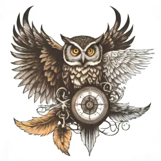 compass nature nordic owl wing spread with skull and locked jaw tattoo design idea