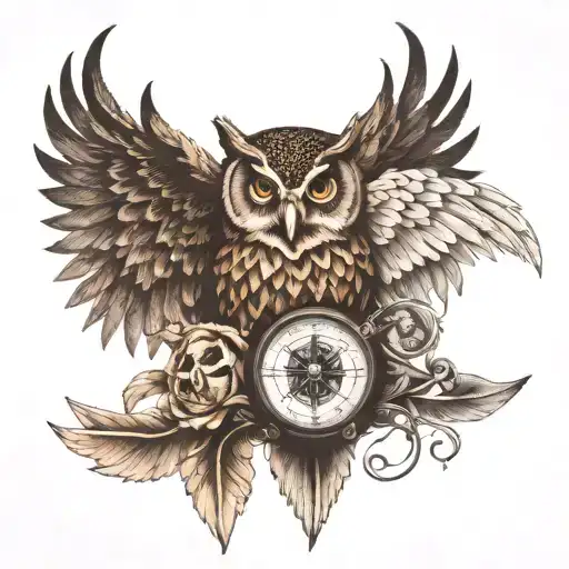 compass nature nordic owl wing spread with skull and locked jaw tattoo design idea