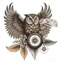 compass with a nature scene inside. skull on top of compass with locked jaw. owl wing spreading over skull. nordic vibe tattoo design idea