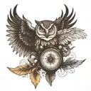 compass with a nature scene inside. skull on top of compass with locked jaw. owl wing spreading over skull. nordic vibe tattoo design idea