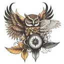 compass with a nature scene inside. skull on top of compass with locked jaw. owl wing spreading over skull. nordic vibe tattoo design idea