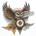 compass with a nature scene inside. skull on top of compass with locked jaw. owl wing spreading over skull. nordic vibe tattoo design idea