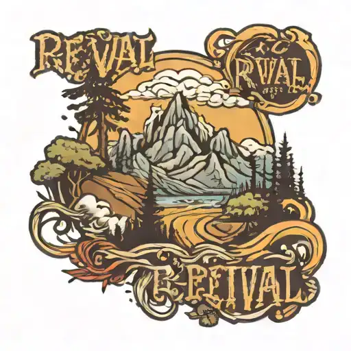 The word 'Revival' with moutains behind it  tattoo design idea