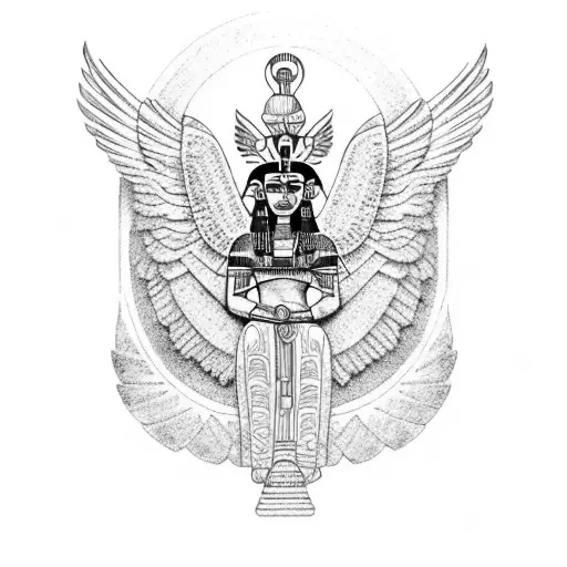 Aztec sphinx with wings in front of Aztec and Egyptian pyramids tattoo design idea