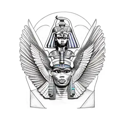 half Egyptian winged sphinx and half  Aztec winged sphinx in front of Aztec and Egyptian pyramids tattoo design idea