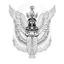 Aztec sphinx with wings in front of Aztec and Egyptian pyramids tattoo design idea