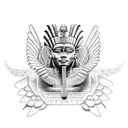 Aztec sphinx with wings in front of Aztec and Egyptian pyramids tattoo design idea