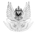 Aztec sphinx with wings in front of Aztec and Egyptian pyramids tattoo design idea