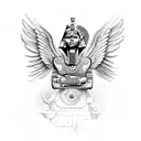 Aztec sphinx with wings in front of Aztec and Egyptian pyramids tattoo design idea