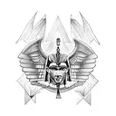 half Egyptian winged sphinx and half  Aztec winged sphinx in front of Aztec and Egyptian pyramids tattoo design idea