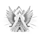 half Egyptian winged sphinx and half  Aztec winged sphinx in front of Aztec and Egyptian pyramids tattoo design idea