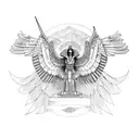 Egyptian sphinx with wings in front of Aztec and Egyptian pyramids tattoo design idea