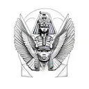 half Egyptian winged sphinx and half  Aztec winged sphinx in front of Aztec and Egyptian pyramids tattoo design idea