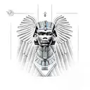 half Egyptian winged sphinx and half  Aztec winged sphinx in front of Aztec and Egyptian pyramids tattoo design idea