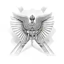 half Egyptian winged sphinx and half  Aztec winged sphinx in front of Aztec and Egyptian pyramids tattoo design idea