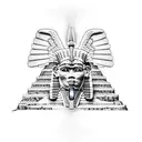 half Egyptian winged sphinx and half  Aztec winged sphinx in front of Aztec and Egyptian pyramids tattoo design idea