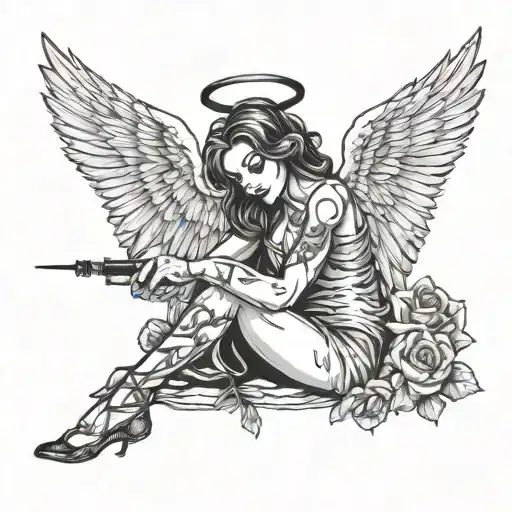 fallen angel with syringe in her arm tattoo design idea