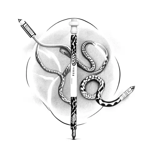 Medical syringe with two snakes, wrapping around it in the words type one diabetes above it tattoo design idea