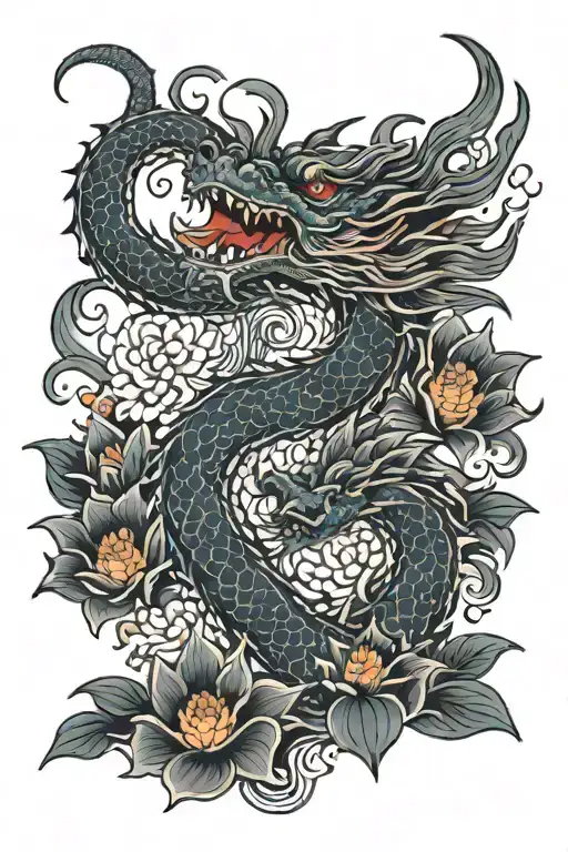 dragon with flames and lotus flowers tattoo design idea
