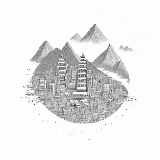 A detailed tattoo of the Kathmandu skyline with a subtle poem verse integrated into the design, reflecting the client's fondness for their favorite city and poetry tattoo design idea