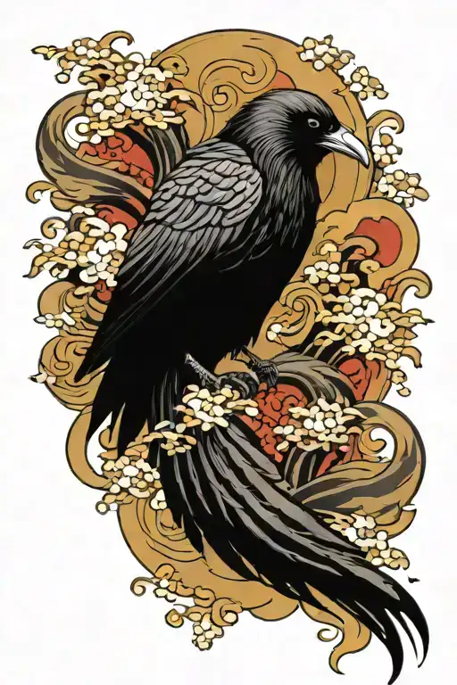  raven. On the background of traditional Japanese waves tattoo design idea