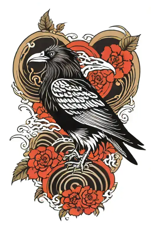 Big raven. On the background of traditional Japanese waves tattoo design idea