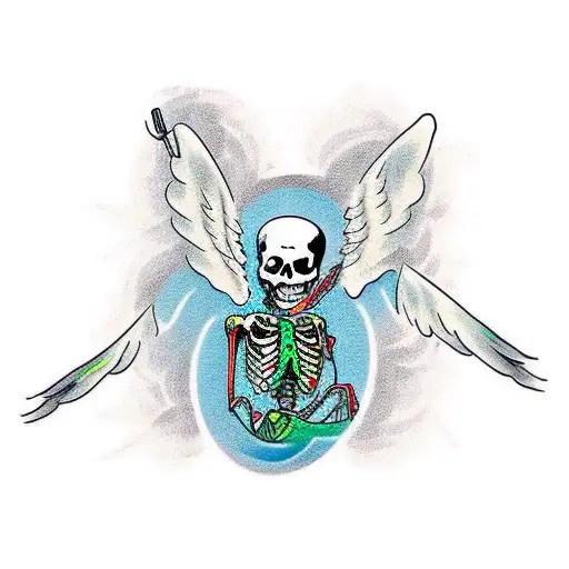 skeleton wearing waders while fly fishing tattoo design idea