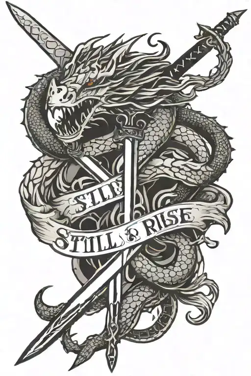 sword with "still i rise" written in the middle of it. dragon leading up to the hilt of the sword, with its tail  tattoo design idea