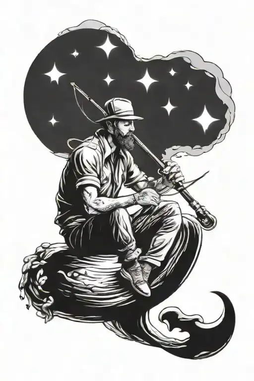 man sitting on crescent moon fishing rod tattoo design idea