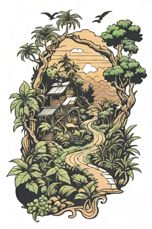 Road less traveled jungle setting tattoo design idea