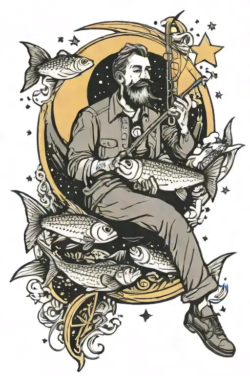 man sitting on crescent moon with fishing pole surrounded by fish and stars tattoo design idea