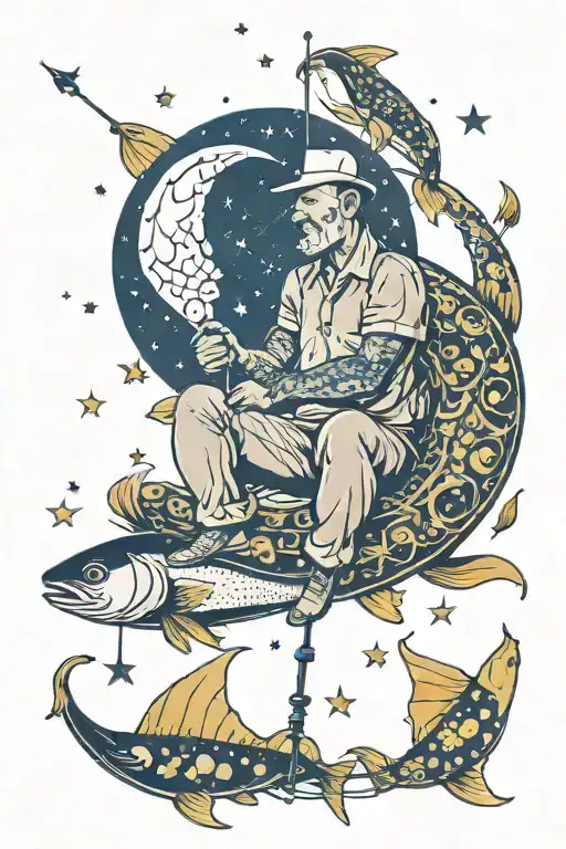 man sitting on crescent moon with fishing pole surrounded by fish and stars tattoo design idea