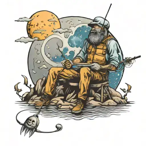 man fishing on the moon tattoo design idea