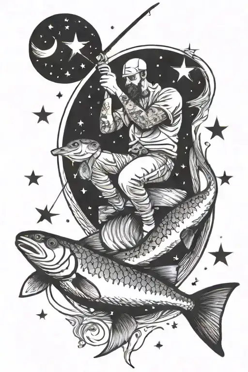 man sitting on crescent moon with fishing pole surrounded by fish and stars tattoo design idea
