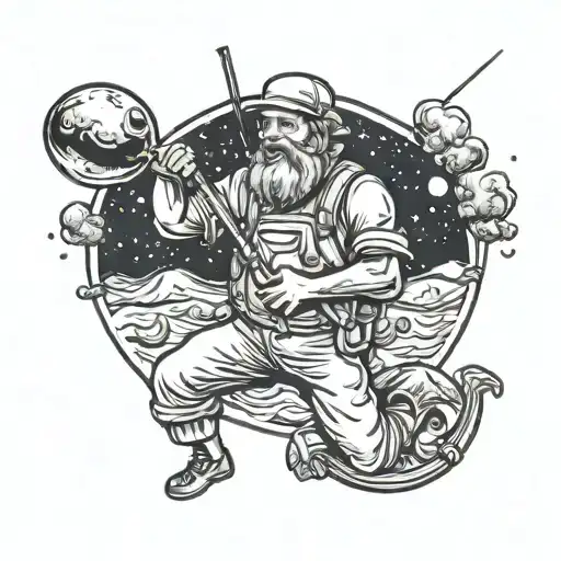 man fishing on the moon tattoo design idea