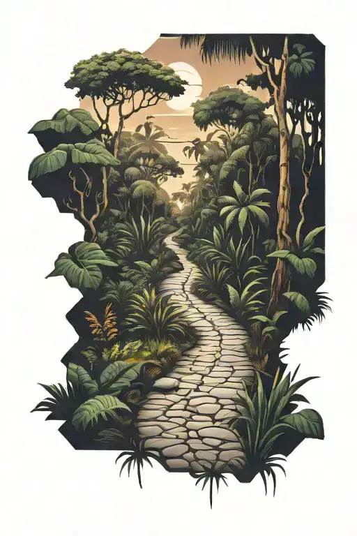 Road less traveled jungle setting tattoo design idea