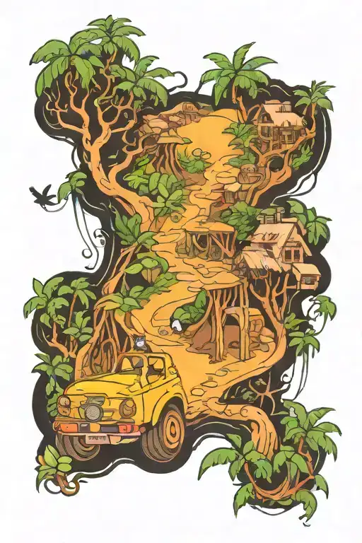 Road less traveled jungle setting tattoo design idea
