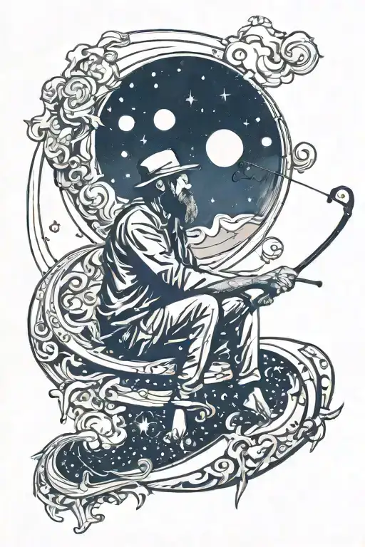 man sitting on crescent moon with fishing pole celestial  tattoo design idea