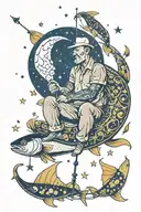 man sitting on crescent moon with fishing pole surrounded by fish and stars tattoo design idea