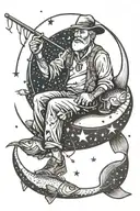 man sitting on crescent moon with fishing pole surrounded by fish and stars tattoo design idea