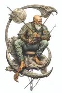 man sitting on crescent moon with fishing pole celestial  tattoo design idea