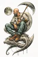 man sitting on crescent moon with fishing pole celestial  tattoo design idea