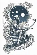 man sitting on crescent moon with fishing pole celestial  tattoo design idea
