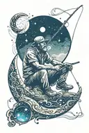 man sitting on crescent moon with fishing pole celestial  tattoo design idea