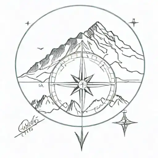 ALPINE MOUNTAINS AND THE COMPASS POINTING SOUTH tattoo design idea